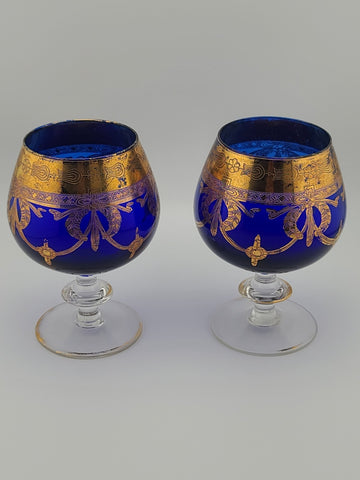 Vintage Arte ltalica Brandy Snifters: Cobalt BlueBlown Glass with Gold