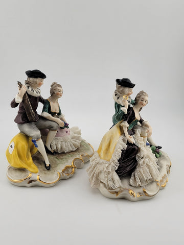 Set Of 2 Antique 19th C Victorian Dersden Germany Laced Figurine Courting Couple
