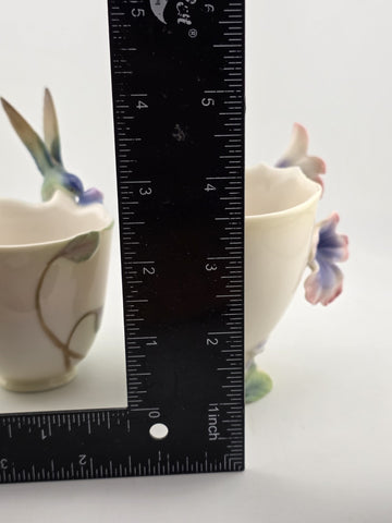 Set Of 4 FRANZ Porcelain Teacup Sculptural Floral Art Cups Hummingbird Ladybug