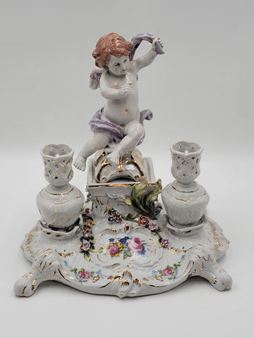 Rare Antique 19th C Porcelain Candle Holder Stand W Cherub & Flowers. Stamped.
