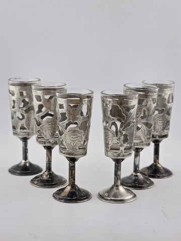 SET Of 6 MID-CENTURY MEXICO STERLING SILVER 3.5" PIERCED CORDIALS, GLASS LINERS