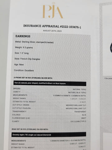 Gorgeous Set Of Natural Blue Topaz & Natural Cut Diamonds Earings W Certificate