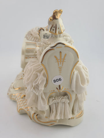 Antique Dresden Art Porcelain Lady at Grand Piano Figurine Lace Dress Germany
