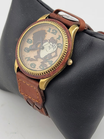 Rare Collectible Taz Wooden Dial Bezel Braided Leather Fossil Watch. Serviced.