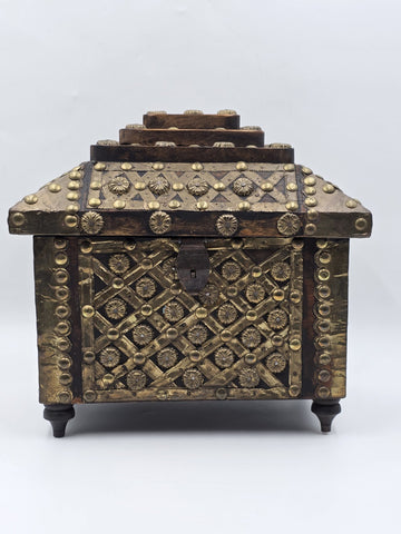 Rare Antique Moroccan Moorish Brass Studded Jewelry Chest Box Islamic Decor
