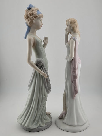 Beautiful Set Of 2 Vintage Porcelain Glazed Hair Women in White Dresses Figurine
