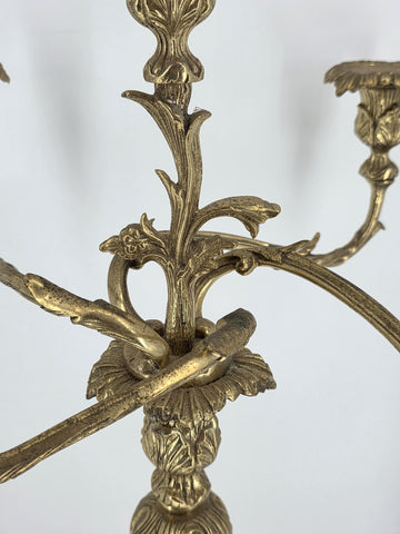 Rare Antique C 1900's XL French Rococo Style Gilt Brass 5 Arm Candelabra 26”