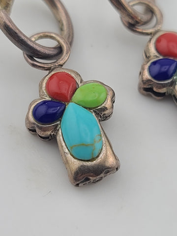 Rare OOAK Sterling Silver Southwestern Inlay Cross Dangle Hoop Earrings 925