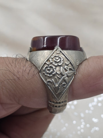 Antique Persian 925 Sterling Silver Dark Red Carnelian Agate Mens Ring Floral.