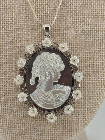 Large Sterling Silver Mother of Pearl Cameo Pendant Necklace Floral Frame 925