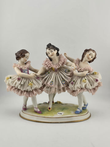 19th C Volkstedt Dresden Lace Porcelain Figurine Trio Ballerina Dancers Germany