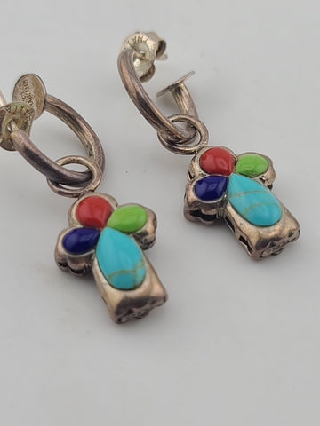 Rare OOAK Sterling Silver Southwestern Inlay Cross Dangle Hoop Earrings 925