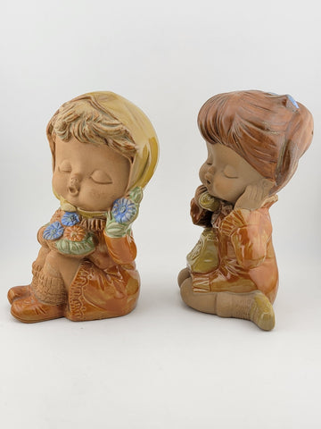 Vintage Set Of 2 Genuine Stoneware Girl Figurines Terracotta Made In Japan