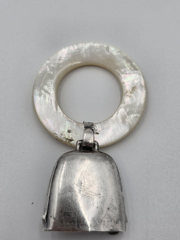 Pair Antique Sterling Silver Mother Of Pearl Baby Teething Rattles Mr Bear Goose