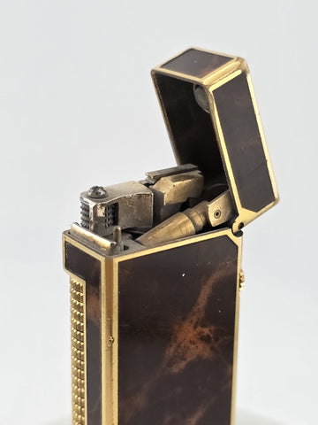 Rare Dunhill Square Lacquer Marble Roller Gas Lighter Gold Brown Swiss Made.