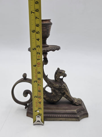 Antique Pair Solid Bronze Griffin Candlesticks Renaissance Revival Winged Lions
