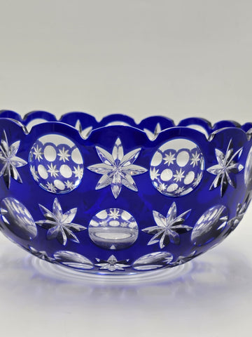 Rare Vintage Bohemian Hand Cut Crystal Glass Blue to Clear bowl SIGNED 8.75”