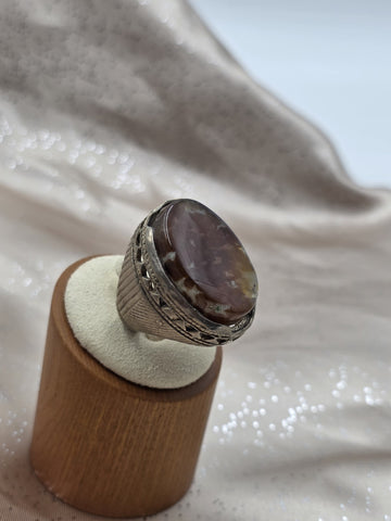 Antique Islamic Silver Agate Aqeeq Men's Ring Large Cabochon Middle Eastern