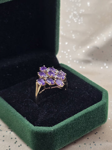 Antique 10K Solid Gold Amethyst Cluster Ring Diamond Accents Size 7.5 W Box.