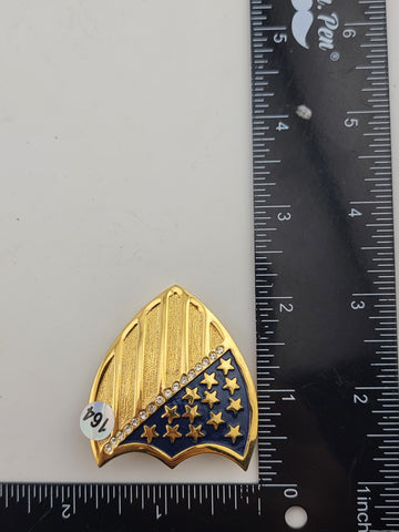 Lot Of 2 Crest Shield 13 Stars &Stripes 16 Clear Rhinestones Vintage Gold Brooch