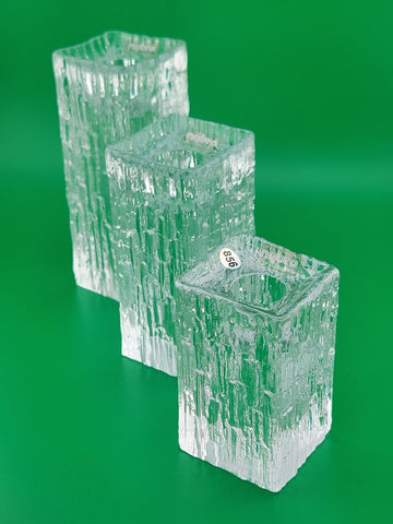 Rare Vintage Set Of 3 Nybro Crystal Heavy Glass Candlestick Holders Ice Pillars