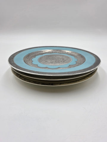 Set of 3 Antique Czech Silver Inlaid Enamel Fairy Plates c.1910 Art Nouveau