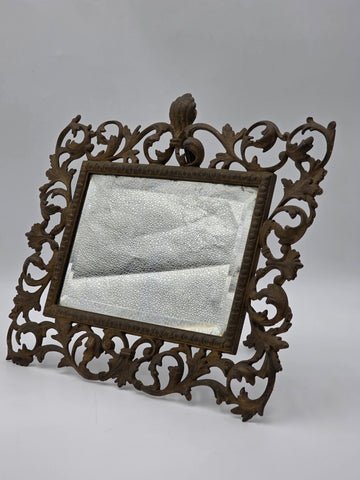 Antique Victorian Cast Iron Vanity Mirror Ornate Scrollwork Easel Frame C 1890.