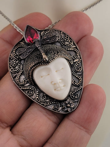 Sterling Silver Bali Goddess Moon Face Ruby Butterfly Pendant, Ring, Necklace