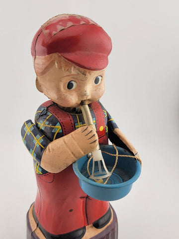 1960'S MICHANICAL WIND-UP BUBBLE BLOWER BOY TIN LITHO MARUSAN JAPAN TOY Untested