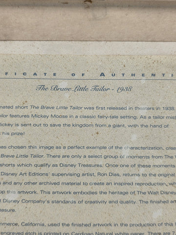 Rare Disney Treasures "Brave Little Tailor" Mickey Serigraph Etching Framed COA.
