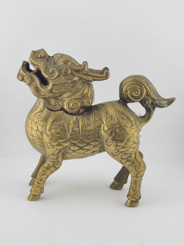 Chinese Brass Kirin Head Deer Feet Statue Incense Burner 6.5x2.25x6.5" Antique