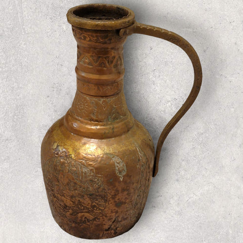 19th C Huge 18" Antique Indo Persian Qajar Islamic Copper Jug. Heavily Engraved.