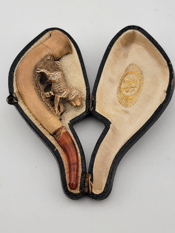 Antique 1920's French Dog Meerschaum & Amber Cigarette Holder W Original Case.