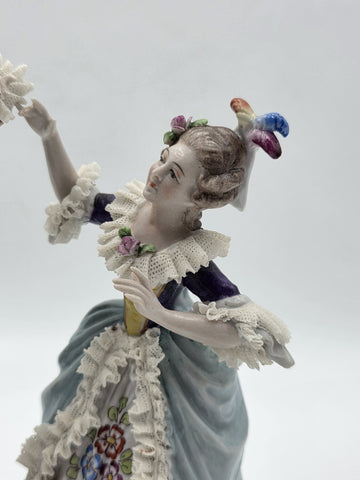 Vintage German Dresden Lace Porcelain Courting Couple Figurine Hand Painted 7.5"