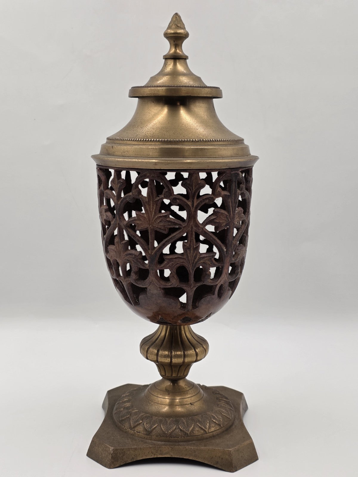 Rare Antique Solid Brass/Cast Iron Two-Tone Lidded Filigree Cut Decorative Urn