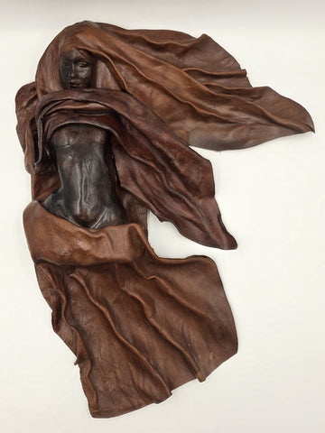 One Of A Kind XL Signed Costa Rican Hand Sculpted Leather Wall Relief Woman 1970