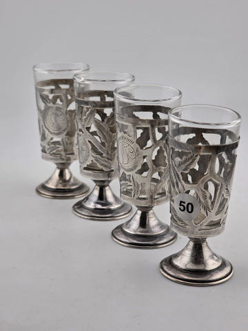 SET Of 4 MID-CENTURY MEXICO STERLING SILVER 3" PIERCED CORDIALS, GLASS LINERS