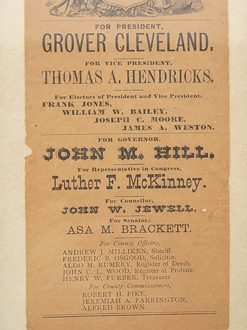 Rare Democratic Ticket President Grover Cleavland New Hampshire 1884 Election