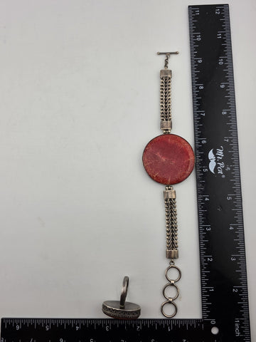ANTIQUE 1940'S STERLING SILVER NATURAL RED CORAL BRACELET & RING SET HANDCRAFTED