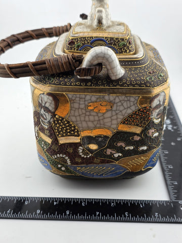 Vintage Satsuma Japanese Samurai Hand painted Teapot Wicker Handle W Lid.