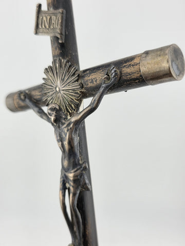 Antique 19th C Crucifix Metal Jesus On Wood Cross W Rare Tips Memento Mori Skull