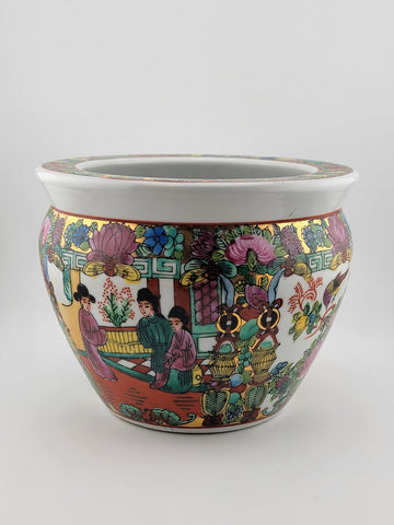 Antique Handpainted Chinoisserie Fishbowl Ceramic Chinese Pot W Geisha Figures.