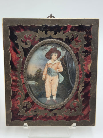 Antique Continental Hand-Painted Portrait Miniatures in Rococo Revival Frame