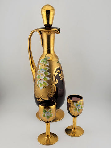 Vintage Murano Italy Ruby Red & Gold handpainted W Roses Decanter & 2 Glasses