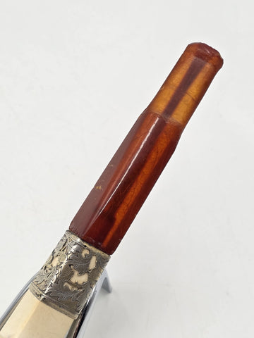Antique Meerschaum Tobacco Pipe Sterling Silver Mount Cognac Amber Stem c.1890
