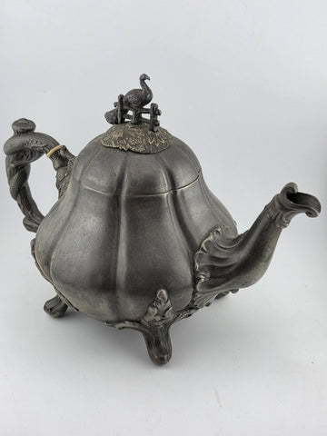 Rare Shaw & Fischer Sheffield Pewter Teapot Hinged Lid Snake Holding Fish Handle