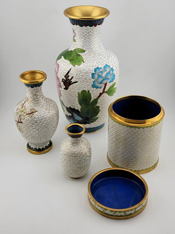 Gorgeous Assortment Of Mid Century  Cloisonne Including 3 VASES & A Tea Caddy.