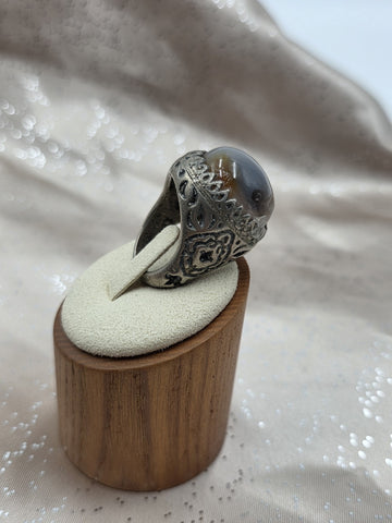 Antique Persian Islamic Silver Agate Men's Ring Ornate Middle Eastern Size 9