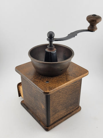 Rare DE Vintage European Manual Solid Wood Cast Iron Coffee Grinder With Drawer.