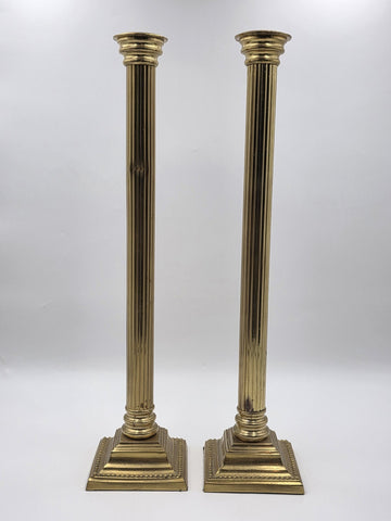 Pair Antique Monumental Brass Fluted Column Candlestick Neoclassical Regency 22”